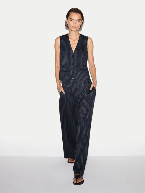 Linen Blend Pinstripe Pleated Trouser | Navy