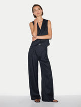 Linen Blend Pinstripe Pleated Trouser | Navy
