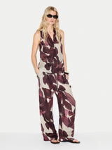 Iris Leaf Linen V Neck Top | Burgundy