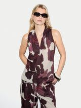 Iris Leaf Linen V Neck Top | Burgundy