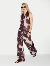 Iris Leaf Linen V Neck Top | Burgundy