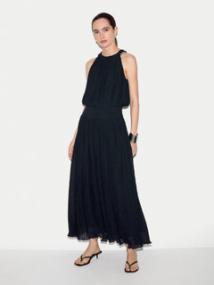 Plisse Viscose Smocked Dress | Navy