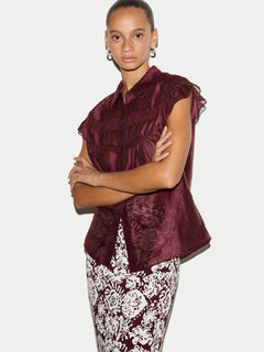Linen Blend Smocking Blouse | Burgundy