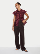 Linen Blend Smocking Blouse | Burgundy