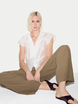 Linen Blend Smocking Blouse | White