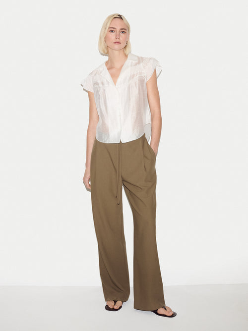 Linen Blend Smocking Blouse | White