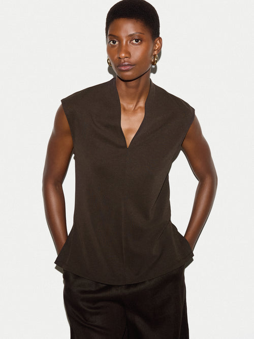 Cupro Rib Vee Top | Brown