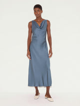 Satin Cowl Neck Bias Dress | Blue