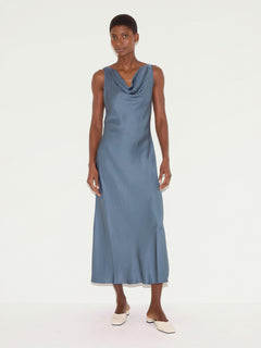 Satin Cowl Neck Bias Dress | Blue