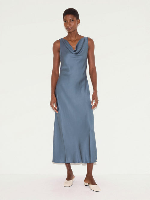 Satin Cowl Neck Bias Dress | Blue