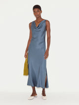 Satin Cowl Neck Bias Dress | Blue
