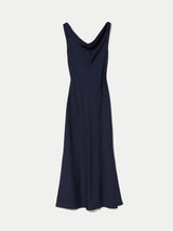 Satin Cowl Neck Bias Dress | Navy