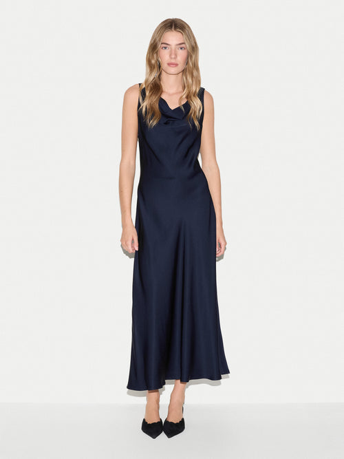 Satin Cowl Neck Bias Dress | Navy