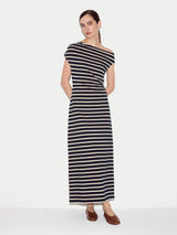 Stripe Asymmetric Neck Dress | Navy