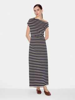 Stripe Asymmetric Neck Dress | Navy