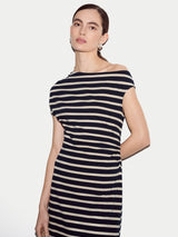 Stripe Asymmetric Neck Dress | Navy