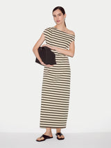 Stripe Asymmetric Neck Dress | Khaki