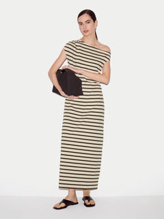 Stripe Asymmetric Neck Dress | Khaki