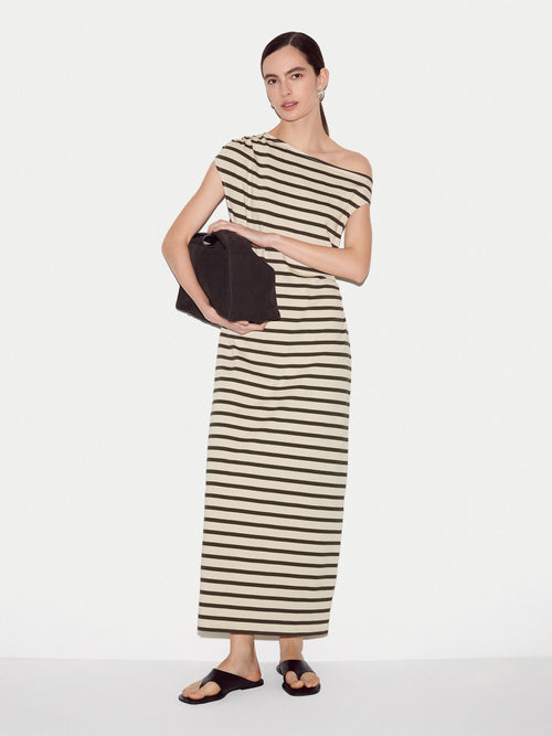 Stripe Asymmetric Neck Dress | Khaki