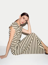 Stripe Asymmetric Neck Dress | Khaki