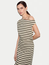 Stripe Asymmetric Neck Dress | Khaki