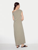 Stripe Asymmetric Neck Dress | Khaki