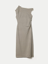 Stripe Asymmetric Neck Dress | Khaki