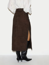 Suede Maxi Split Skirt  | Brown