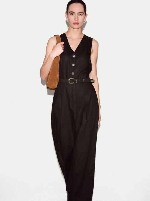 Linen Waistcoat Jumpsuit | Brown