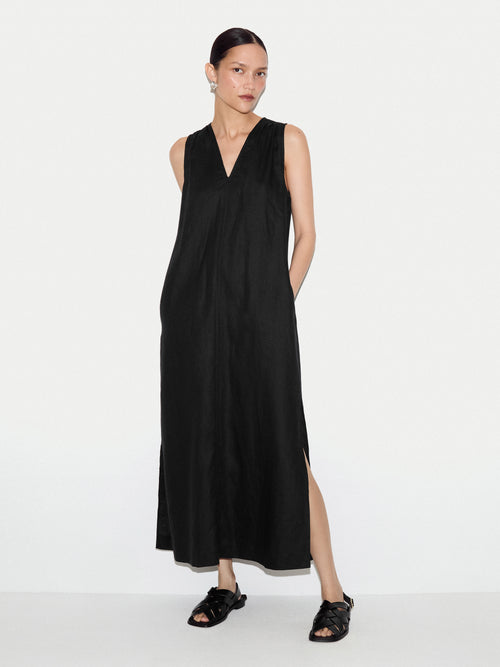 V Neck Sleeveless Linen Dress | Black