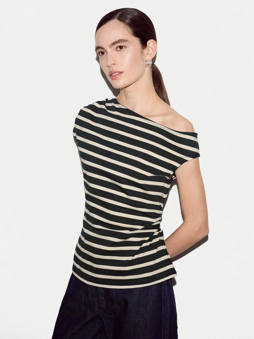 Stripe Asymmetric Neck Top | Navy