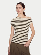 Stripe Asymmetric Neck Top | Khaki