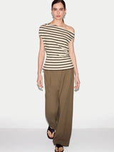 Stripe Asymmetric Neck Top | Khaki