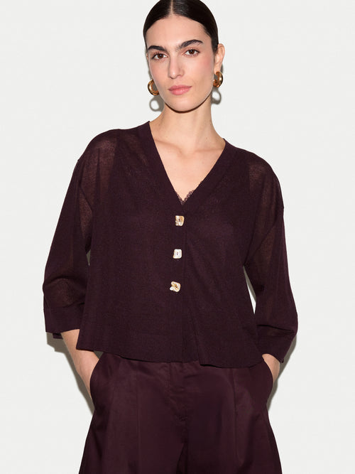Sheer Linen Blend Cardigan | Aubergine