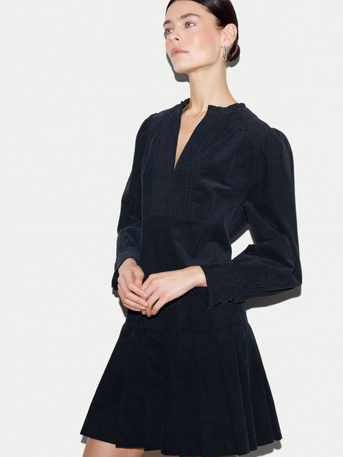 Baby Cord Pleated Mini Dress | Navy