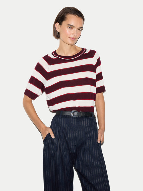 Striped Merino Raglan T-shirt | Burgundy