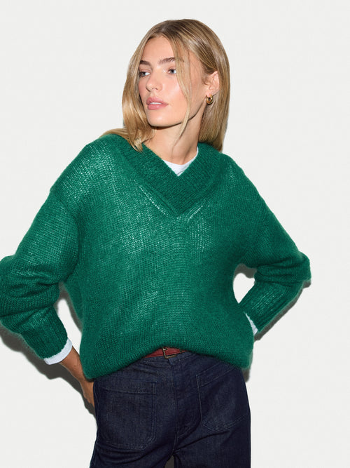 Mohair Relaxed V Neck Jumper | Green