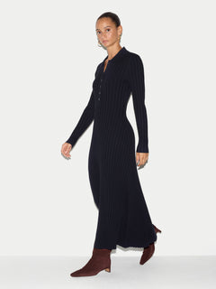 Ribbed Polo Collar Knitted Dress | Navy