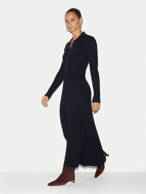 Ribbed Polo Collar Knitted Dress | Navy