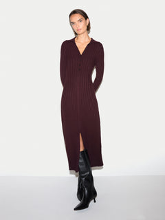 Ribbed Polo Collar Knitted Dress | Burgundy