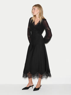 Satin Bias Lace Trim Dress | Black