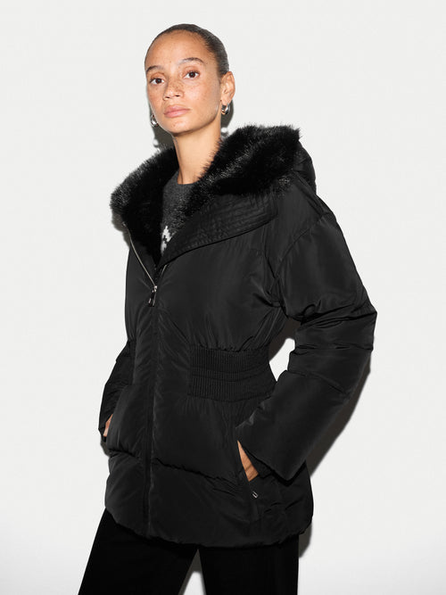 Hooded Faux Fur Short Puffer | Black