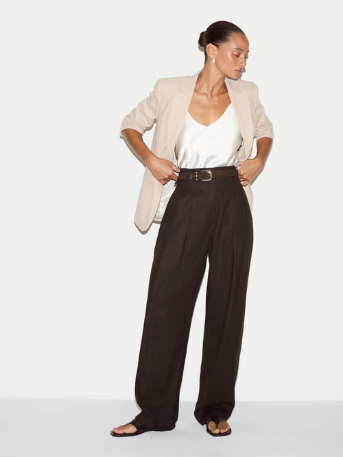 Linen Structured Pleat Trouser | Brown