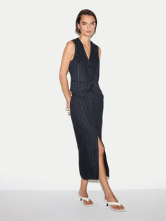 Linen Blend Pinstripe Tailored Skirt | Navy