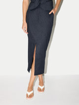 Linen Blend Pinstripe Tailored Skirt | Navy