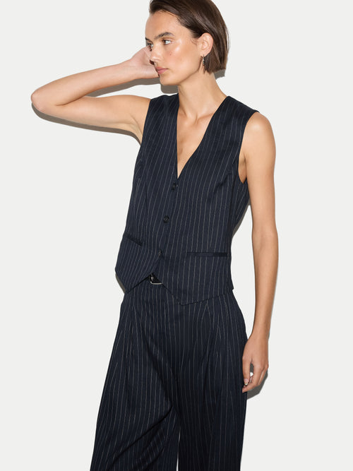 Linen Blend Pinstripe Tailored Waistcoat | Navy