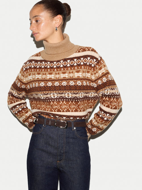 Funnel Neck Fairisle Jumper | Brown