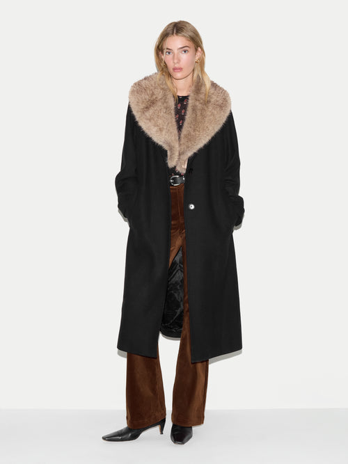Wool Faux Fur Trim Coat | Black