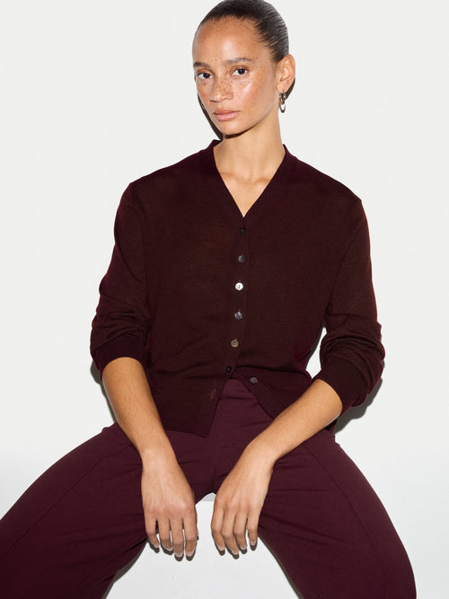 Fine Merino Cardigan Top | Burgundy