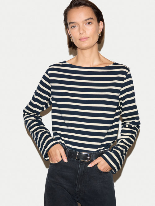 Slash Neck Striped Top | Navy